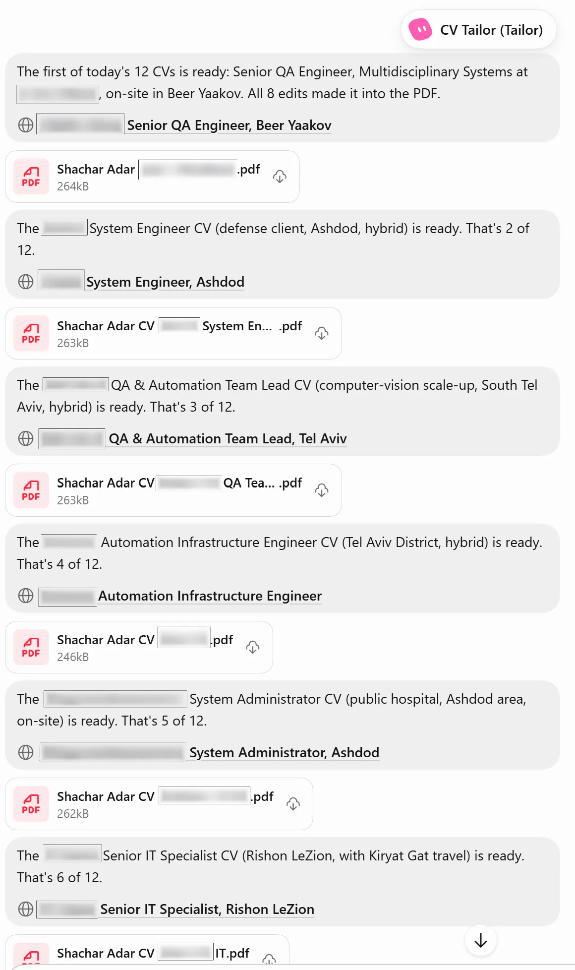 CV Tailor chat listing job-specific PDFs. Company names are blurred.
