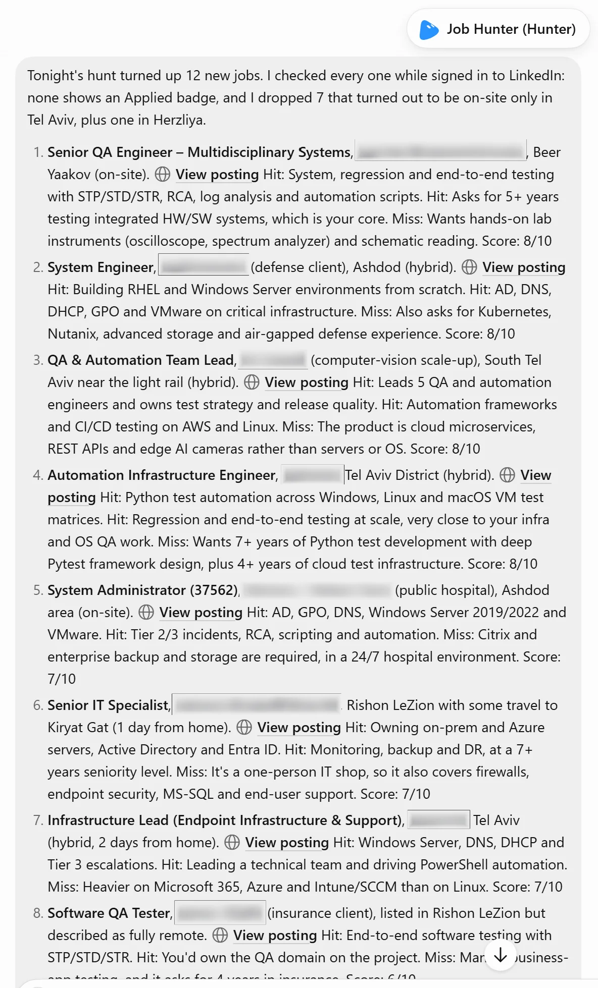 Job Hunter chat with a ranked shortlist. Company names are blurred.